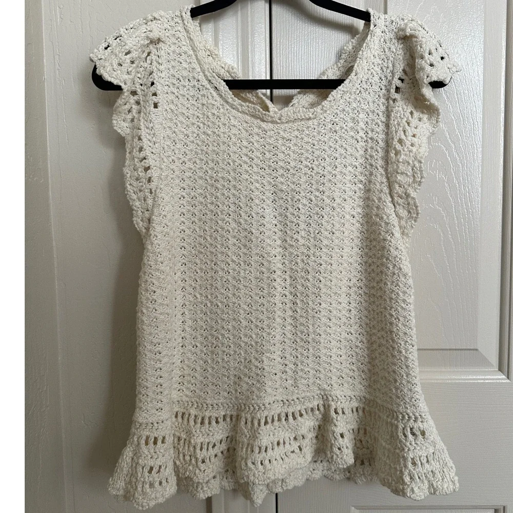 By Anthropologie Flutter-Sleeve Crochet Sweater Top Ivory Cream XL OB1659180